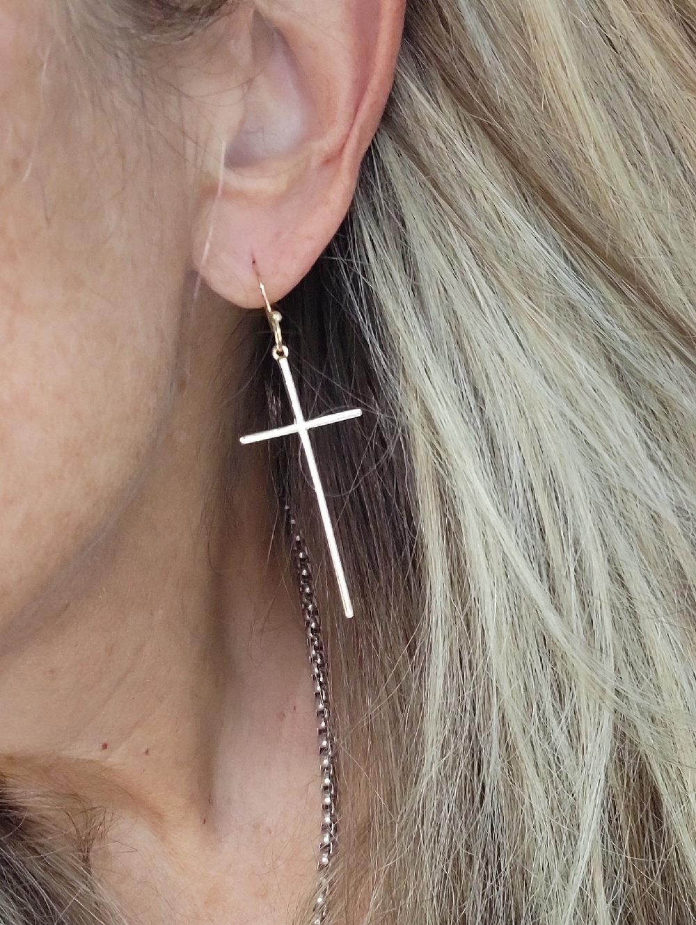 Gold Elongated Cross Dangle Earrings
